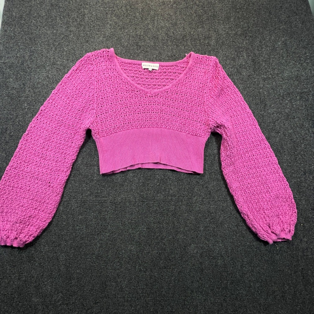 Willow & Wind Magenta Pink Crochet Knit Cropped Sweater L Festival V-Neck Indie